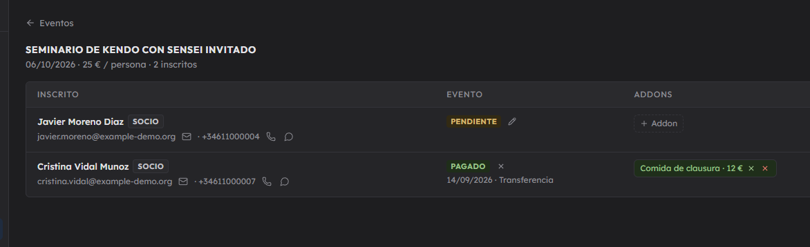 Seminario con addon de comida cobrado por separado